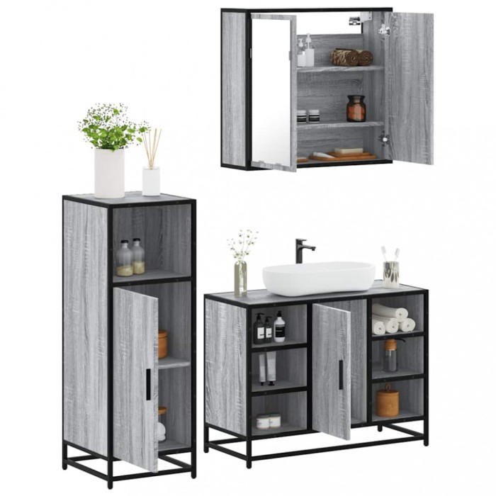 Gossi set mobilier de baie, 3 piese, gri sonoma, lemn prelucrat