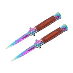 Set de doua cutite pliabile cu arc sicilian, DEPOX&reg;, lamă curcubeu, oțel inoxidabil 420, deschidere automată, 22 cm