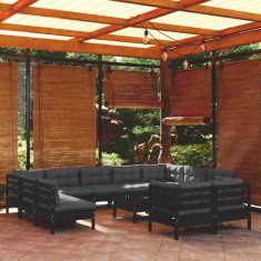 Set mobilier gradina cu perne, 12 piese, negru, lemn masiv pin GartenMobel Dekor