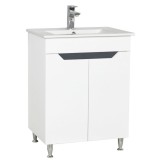 Baza si lavoar ceramic GN0561, mobilier baie stativ 60 cm, front MDF, 2 usi, 2 rafturi, picioare cromate reglabile, alb antracit