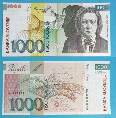Slovenia (p#32) 1.000 Tolarjev 2004 &amp;#039;Pre&amp;scaron;eren&amp;#039; UNC serie: UP883839 foto