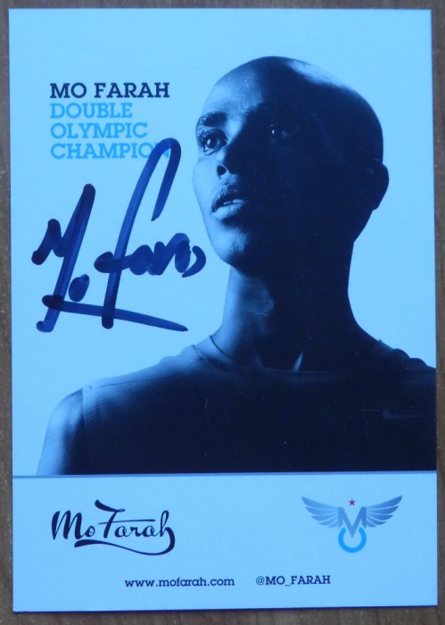 Autograf al dublului campion olimpic britanic de origine somaleza, Mo Farah, carte de vizita Iolanda Balas Soter, plic