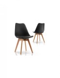 Set 2 buc scaun negru stil Scandinav cu picioare din lemn de Fag, sezut din PP si perna din piele ecologica, 49 x 43 x 82 cm, EXPRESS