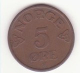 Norvegia 5 ore 1952, primul an de batere - Haakon VII- KM# 400, Sch&ouml;n# 51., Europa, Bronz