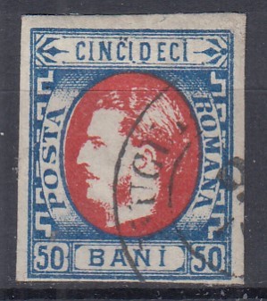 ROMANIA 1869 LP 29 b REGELE CAROL I CU FAVORITI VALOAREA 50 BANI STAMPILAT POINCON foto