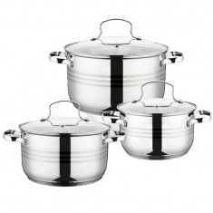 Set 6 piese Grunberg, 3 vase din inox, compatibile cu plita cu inductie, capace din sticla