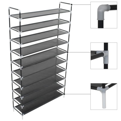 Raft pantofi 10 etajere, Metal și material textil nețesut Negru foto