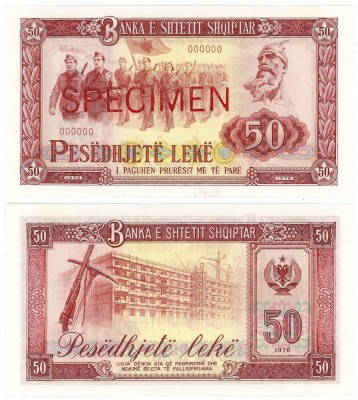 ALBANIA █ bancnota █ 50 Leke █ 1976 █ P-45s █ SPECIMEN █ cu numerele de serie 000000 █ UNC █ necirculata foto