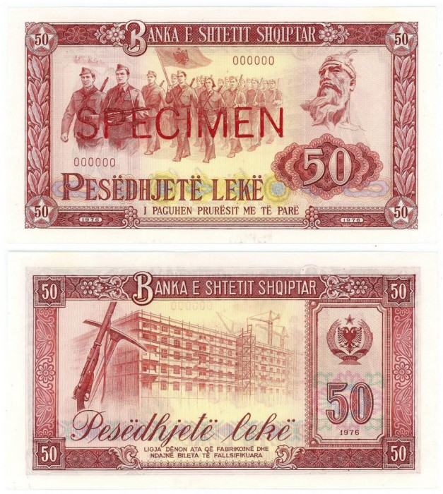 ALBANIA █ bancnota █ 50 Leke █ 1976 █ P-45s █ SPECIMEN █ cu numerele de serie 000000 █ UNC █ necirculata