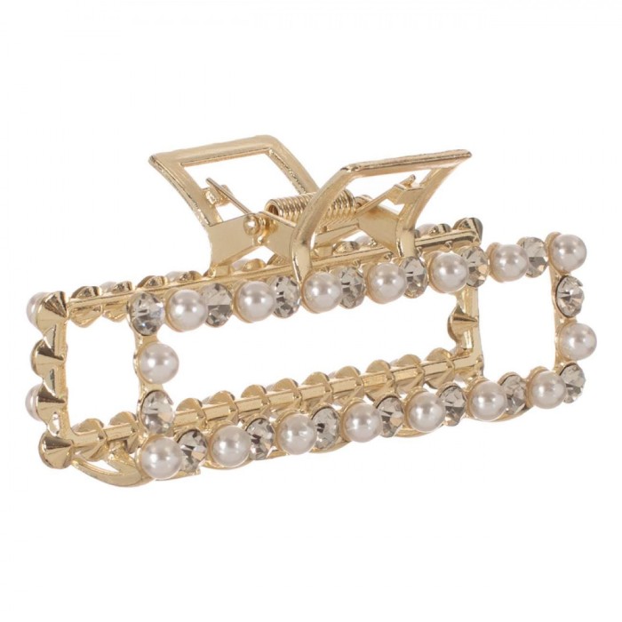 Clamă Păr, Model Aurie cu Perle, Lungime 9cm, Perle Albe și Strass