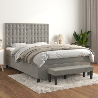 vidaXL Pat box spring cu saltea, gri deschis, 140x200 cm, catifea 3138085 foto