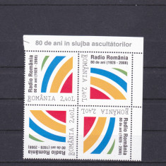 2008 LP 1820 -80 ANI SOCIETATEA ROMANA RADIODIFUZIUNA TETE-BECHE BLOC DE 4, MNH.