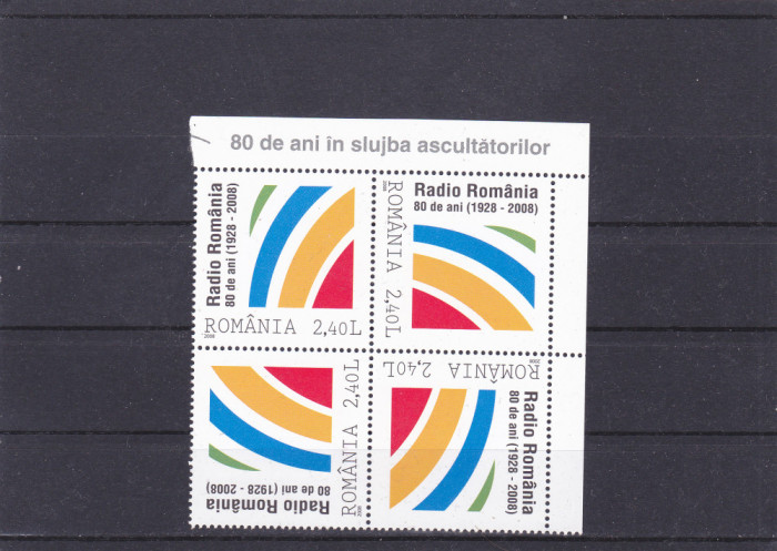 2008 LP 1820 -80 ANI SOCIETATEA ROMANA RADIODIFUZIUNA TETE-BECHE BLOC DE 4, MNH.