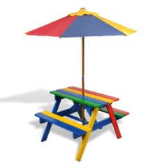 Masă de picnic pentru copii cu bănci și umbrelă, lemn multicolor