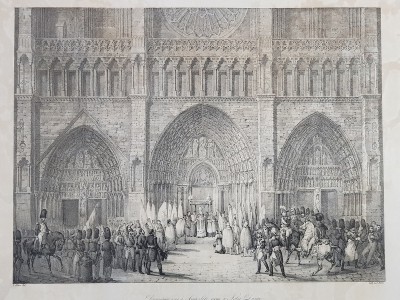 DRAPEAUX PRIS A AUSTERLITZ RECUS A NOTRE DAME ( DRAPELE CAPTURATE LA AUSTERLITZ , ADUSE LA CATEDRALA NOTRE - DAME ) , LITOGRAFIE de C. MOTTE , MONOCRO foto