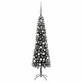 Brad de Crăciun pre-iluminat slim, set globuri, negru, 120 cm