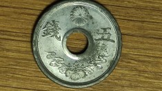 Japonia - moneda de colectie WW2 zinc - 5 sen 1944 AUNC / 年九十和昭 - Shōwa - an unic de batere ! - greu de gasit !
