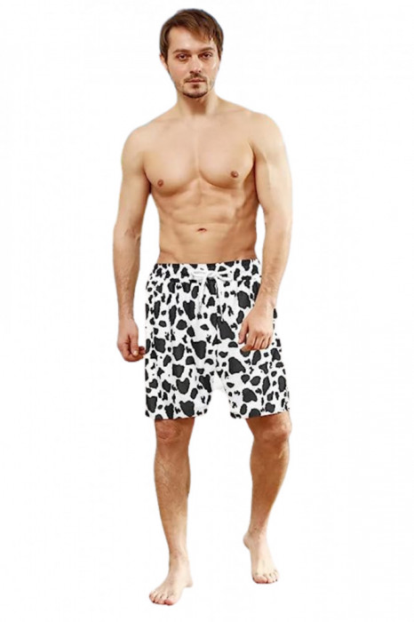 Pantaloni scurti de baie pentru barbati cu snur, perfecti pentru plaja, cu model alb si negru, marimea L