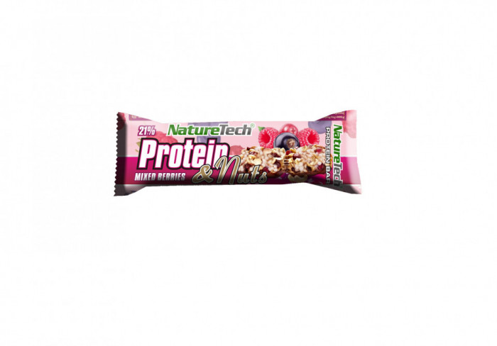 Baton energizat PROTEIN &amp; NUTS 21% proteina, FRUCTE DE PADURE si NUCI 45g