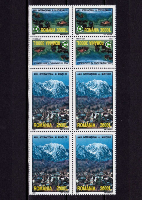 ✅ RO 2002 LP 1587 , &quot;Anul muntilor/ecoturismului &quot;,serie in bloc : 4 + TB ,MNH