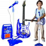 Set Chitară, Microfon și Amplificator pentru Copii, Albastru, Dimensiuni Chitară 72x24 cm, Microfon Reglabil 63-100 cm