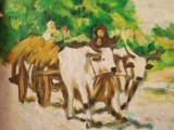 Tablou vechi pictat pe p&acirc;nză - scenă rurală cu boi