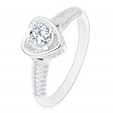 Inel de logodnă realizat din argint 925, inimă cu zirconiu transparent, brațe strălucitoare - Marime inel: 55