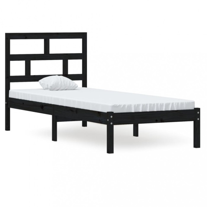 Cadru de pat mic single, negru, 75x190 cm, lemn masiv