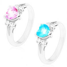 Inel de culoare argintie, zirconiu strălucitor cu zirconii transparente pe laterale - Marime inel: 60, Culoare: Roz