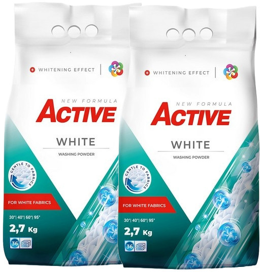 Detergent pudra pentru rufe albe Active, 2 x 2.7kg, 72 spalari