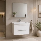 Set mobilier baie suspendat, cu lavoar ceramic, GN0541, front MDF, 80 cm, 2 sertare, glisiere soft close si oglinda cu polita GN0551, PAL, alb