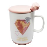 Cana cu capac din ceramica si lingurita Pufo Find Love pentru cafea sau ceai, 350 ml