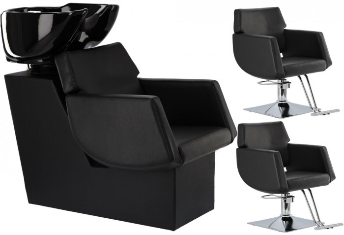 Set Scafă de coafură model Chloe + 2x scaune de coafură pivotante hidraulice cu bol ceramic mobil și