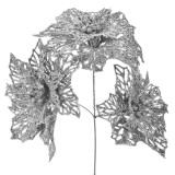 Ramură Decorativă de Crăciun, Flori Glitter, Argintiu, 26cm