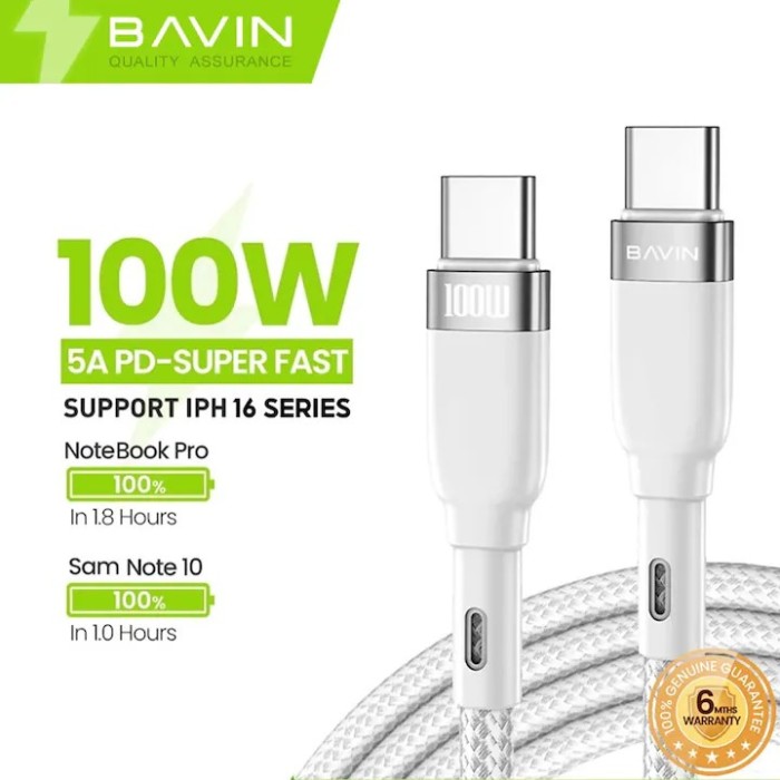 Cablu de date si incarcare rapida, Bavin CB229, USB-C la USB-C, 100W,1, 5m, ALB, 10 GbpS