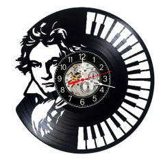 Ceas de perete decorativ realizat din disc de vinil, Model Ludwig van Beethoven Pian Clape Muzica Clasica, Negru, 30 cm