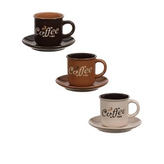 Set 3 cesti cafea, din ceramica, cu farfurii, Coffee time, 130 ml