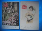 HOPCT 1713 FEMEI..FEMEI-TCV-ROMANTICA-FRANTA-LOT 2 CARTI POSTALE VECHI-CIRCULATE