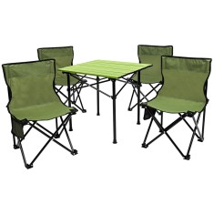 Set camping 5 in 1 cu masa si 4 scaune pliabile, structura otel si blat aluminiu, 53x52x50 cm, verde Household NewTrend
