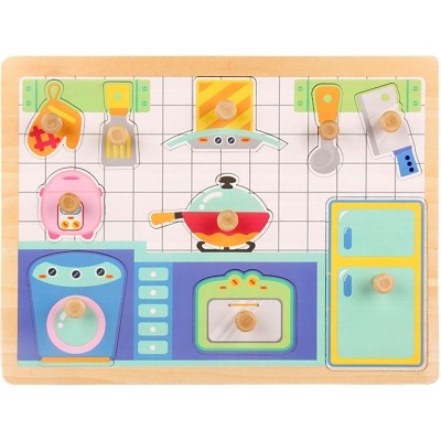 Puzzle Montessori din Lemn pentru Copii, Cyrax, 3D, 0-3 Ani, Model Bucatarie, Educativ, Intuitiv, Creativ, 10 Piese, 30x22.5x0.8 cm, Multicolor foto