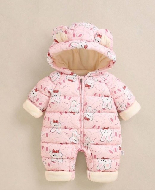 Combinezon din fas pentru fetite - Iepurasi (Marime Disponibila: 9-12 luni