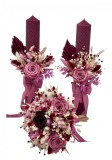 Set buchet, lumanari cu trandafiri criogenati si plante naturale criogenate, lumanari tip fagure Roz Grena, Eventissimi&reg;