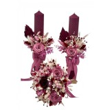 Set buchet, lumanari cu trandafiri criogenati si plante naturale criogenate, lumanari tip fagure Roz Grena