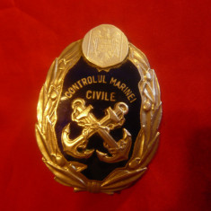 Insigna- Controlul Marinei Civile RSR - metal si email , h= 6 cm ,numerotata