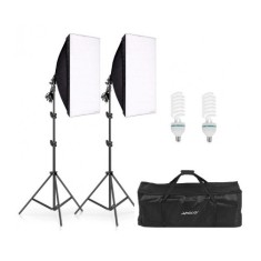 Set de lumini pentru studio cu 2 softbox 50x70, becuri neutre 2 x 150W, 2 trepiede 200cm, 2 Panze de difuzie si geanta transport