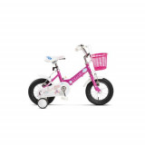 Bicicleta Copii 2-4 ani Velors V1202B, Roti 12 Inch, Frana fata/spate V-Brake, Roti Ajutatoare, Fucsia/Alb