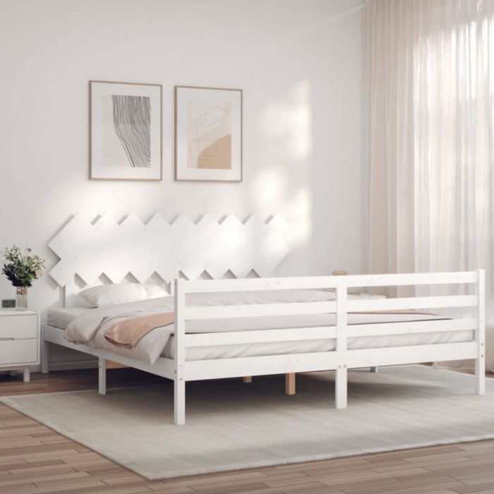 Cadru de pat cu tăblie Super King Size, alb, lemn masiv