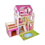 Casuta din lemn pentru papusi, 60x33x90 cm, iluminata led, cu garaj, accesorii, ProCart