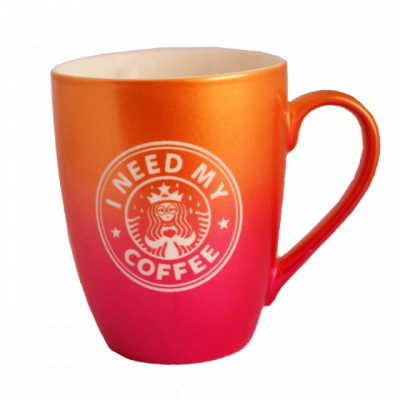 Cana ceramica Pufo Need Coffee, pentru ceai, cafea, suc, 360 ml, portocaliu/roz foto