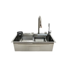 Chiuveta bucatarie multifunctionala cu doua baterii, otel inoxidabil, afisaj digital temperatura, doua cascade, spalator pahare, scurgator, tava, toca